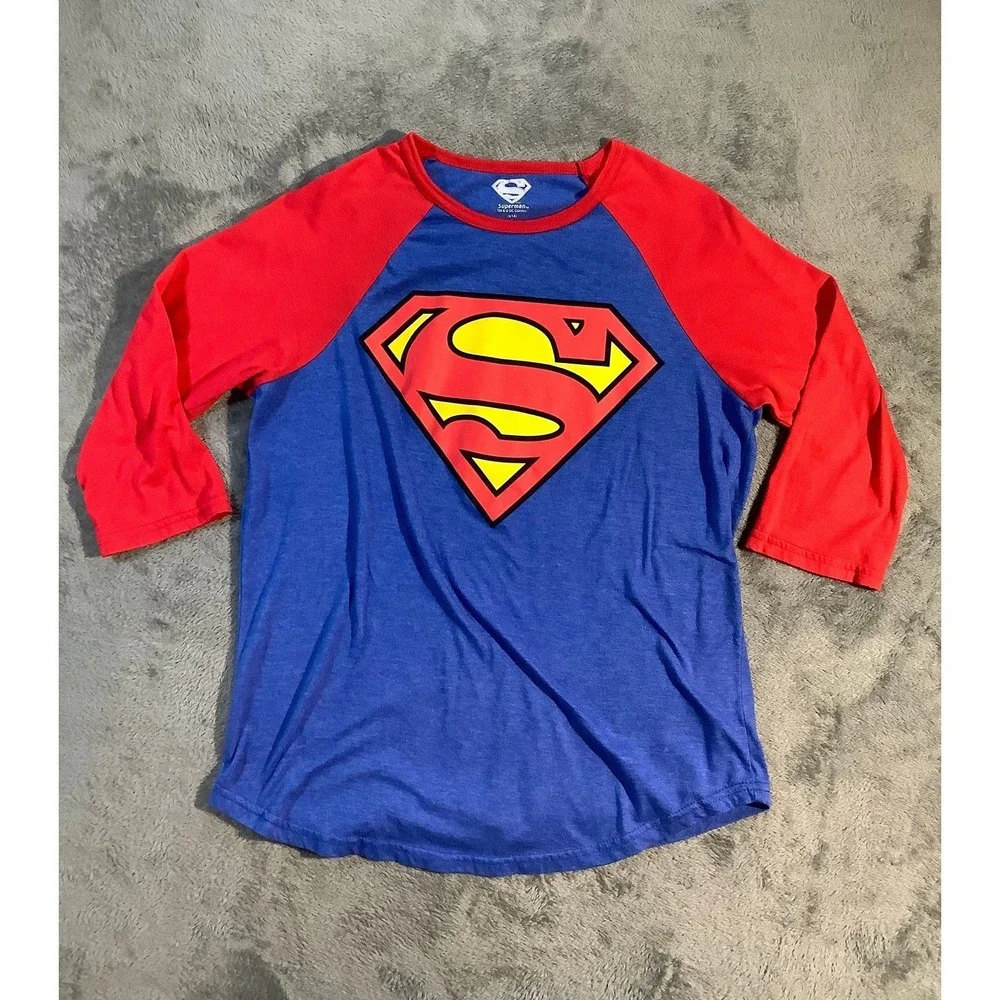 DC Comics Superman Boys Raglan Graphic T-Shirt Blue Red Long Sleeve Size L 14